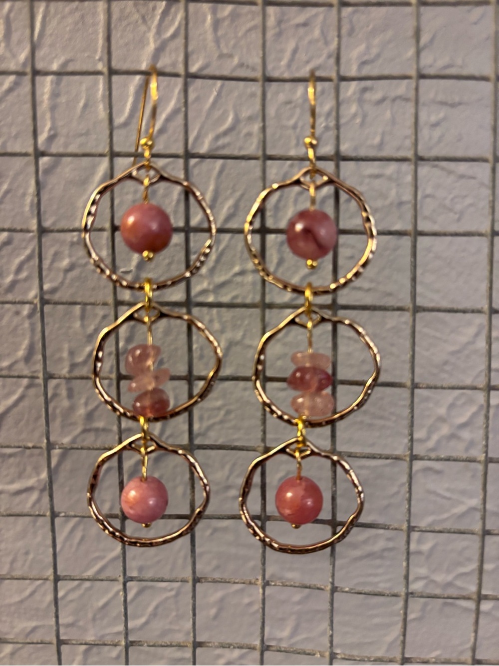 Gold-Tone Triple Hoop Drop Earrings with Rhondite and Quartz Beads